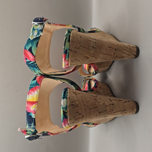 Jessica Simpson Wedge Sandal Sz 6 Cork Fabric Upper Sling Back Tropical Colorful - Picture 3 of 12